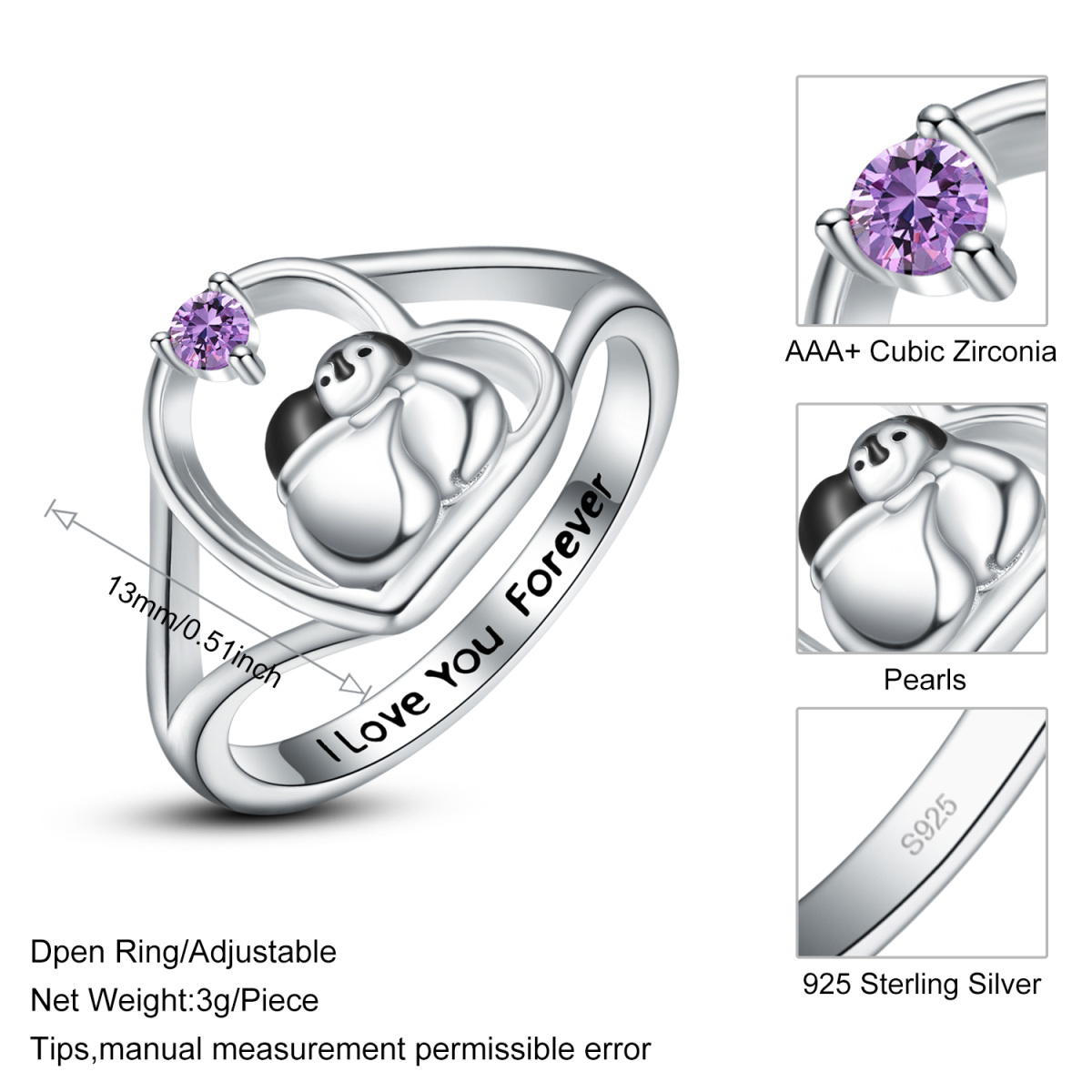 Bague pingouin en argent sterling avec zircon-4