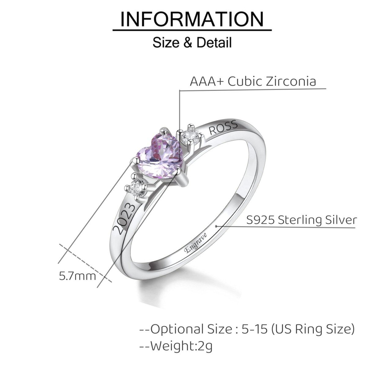 Sterling Silver Zircon Personalised Birthstone Engraving Ring For Women-2