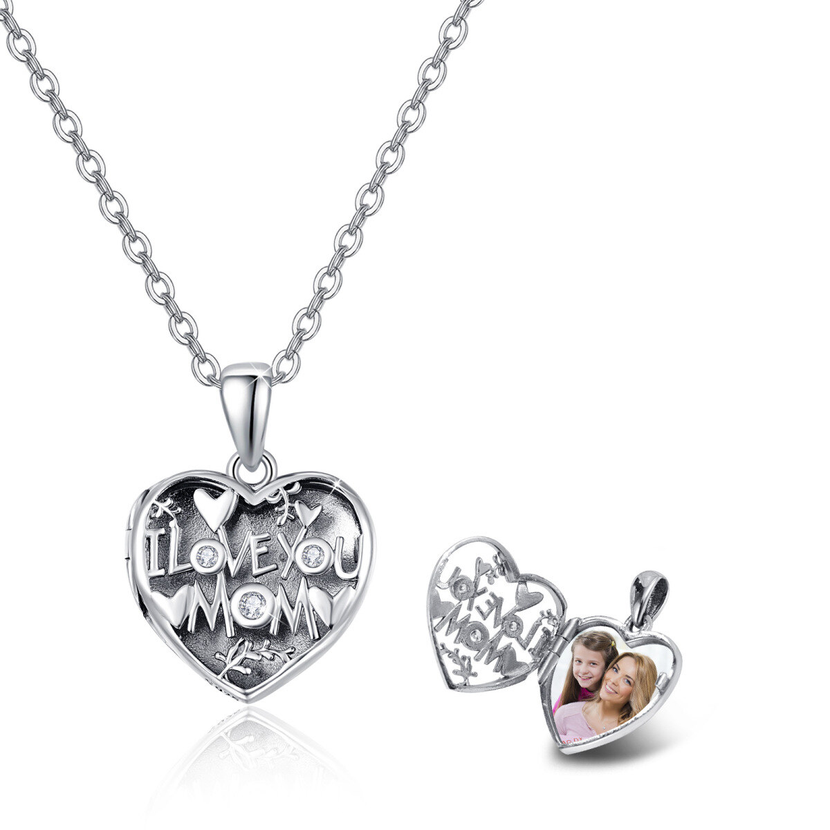 Sterling Silver Round Zircon Personalized Photo Locket Necklace For Mom Mother-1