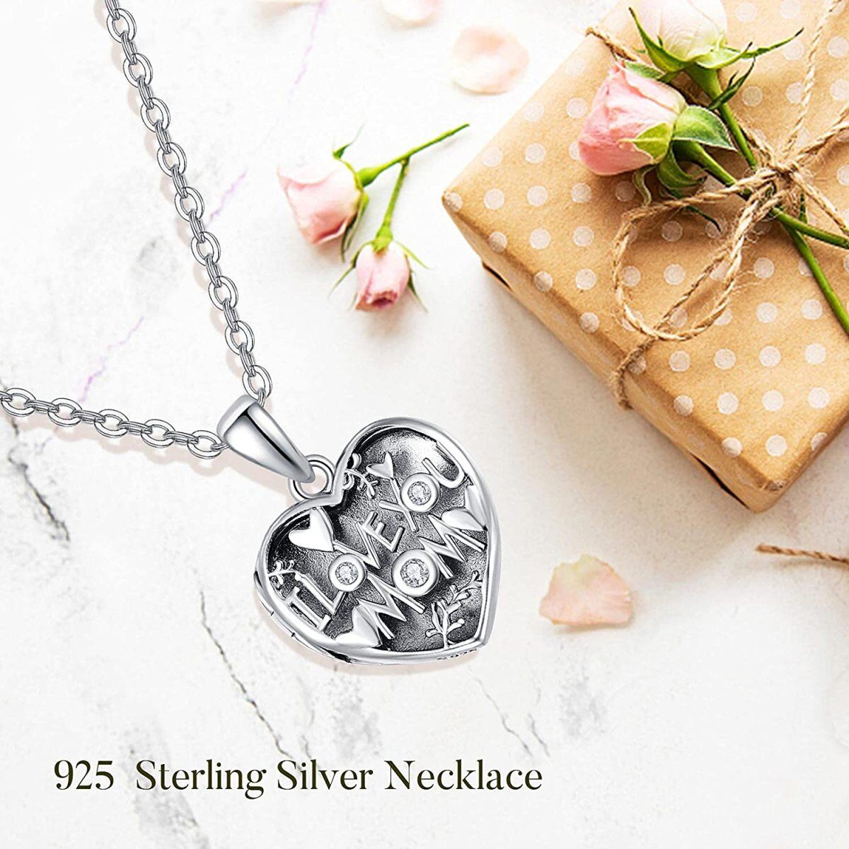 Sterling Silver Round Zircon Personalized Photo Locket Necklace For Mom Mother-3