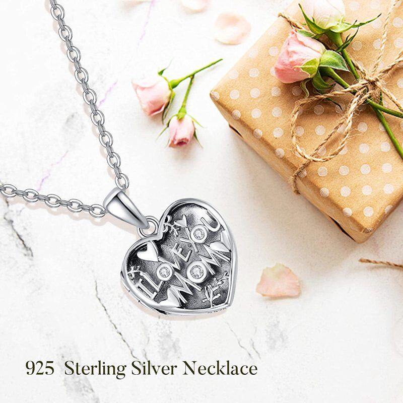Sterling Silver Round Zircon Personalized Photo Locket Necklace For Mom Mother-3