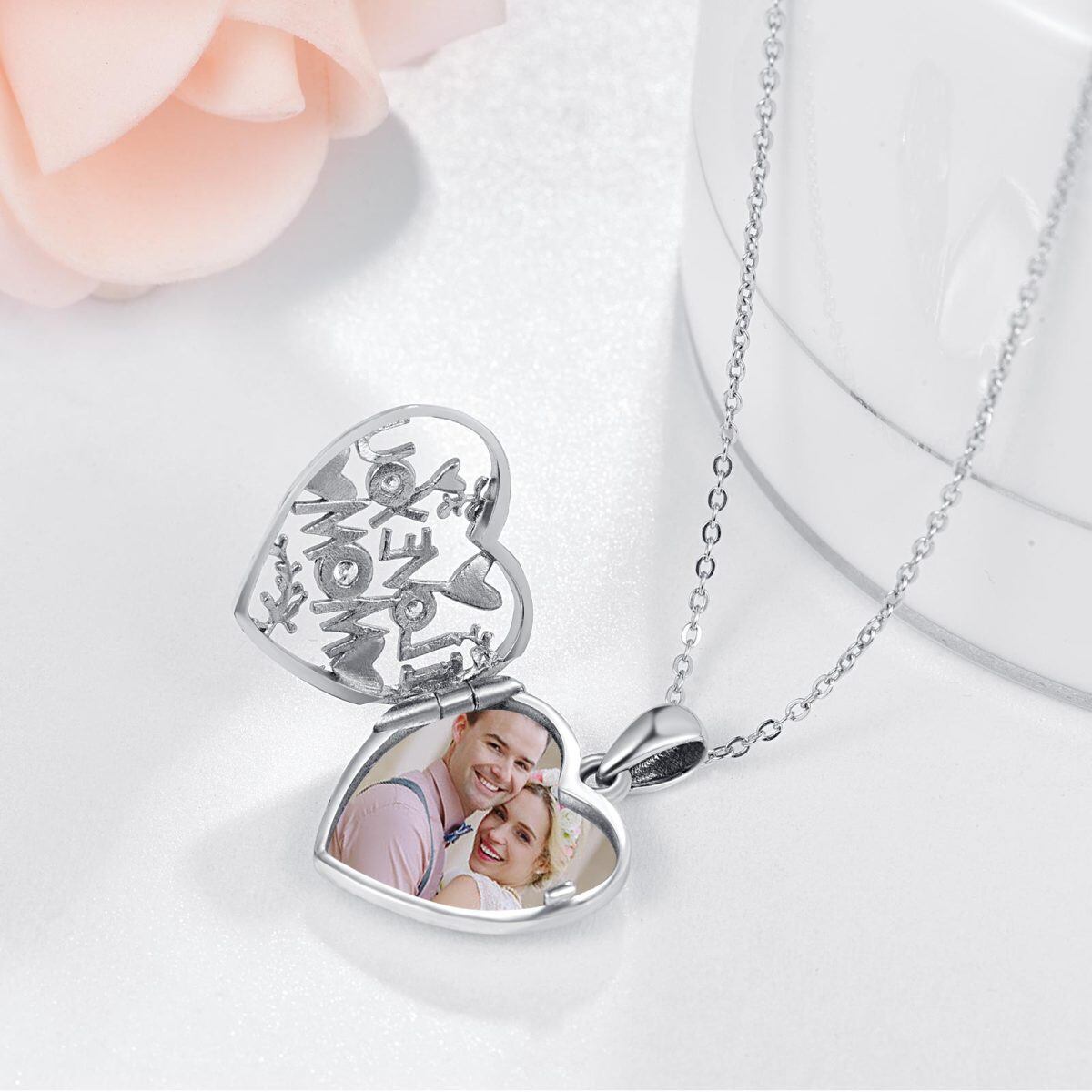 Sterling Silver Round Zircon Personalized Photo Locket Necklace For Mom Mother-5