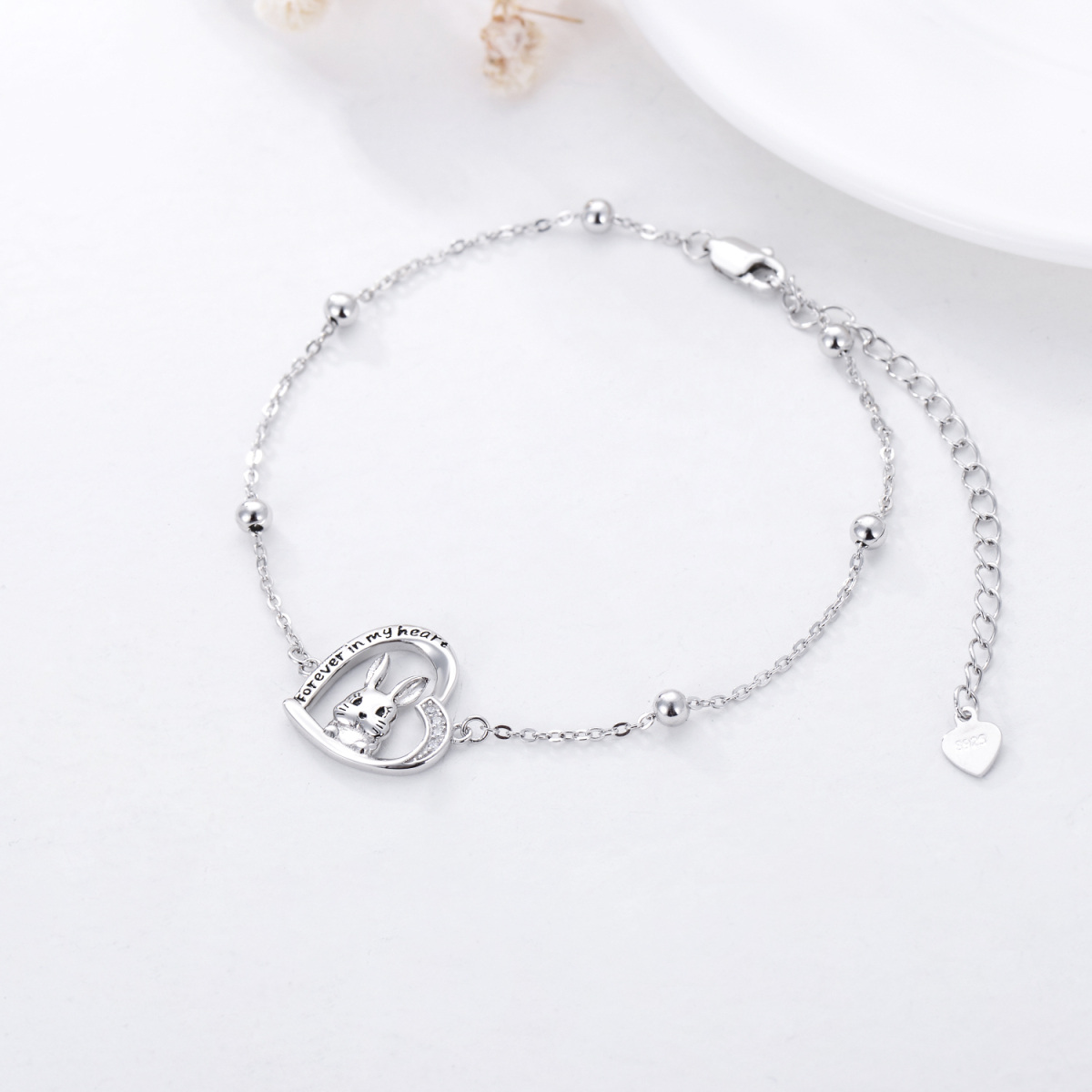 Pulsera con colgante de conejo de plata de ley y circonitas-3