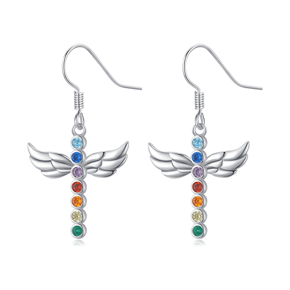 Brincos Chakra S925 Prata Esterlina Cruz Dangle Brincos Asas de Anjo Brincos para Mulheres-1