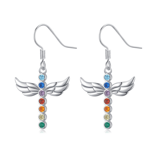 Brincos Chakra S925 Prata Esterlina Cruz Dangle Brincos Asas de Anjo Brincos para Mulheres