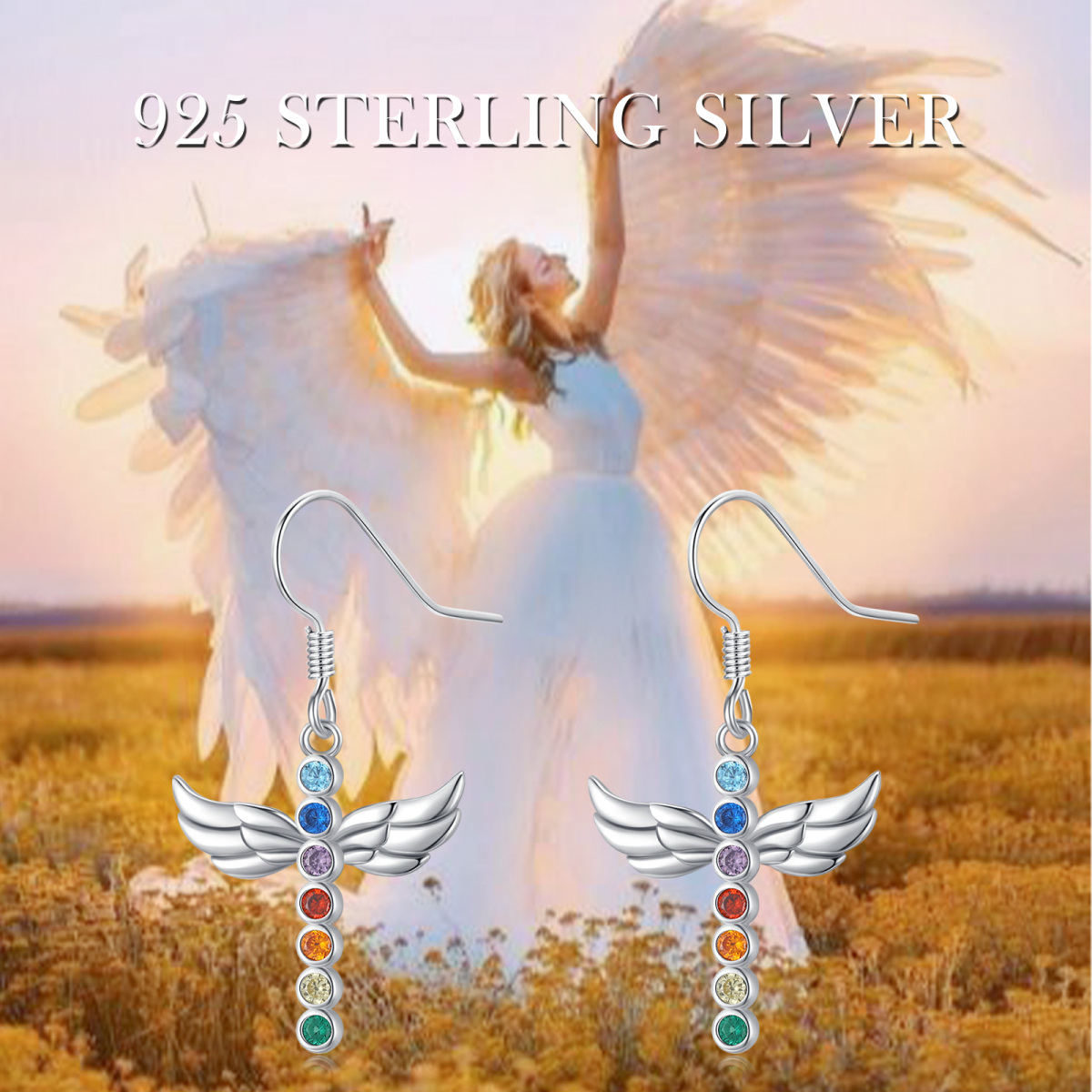 Sterling Silver Zircon Rainbow Drop Earrings-5