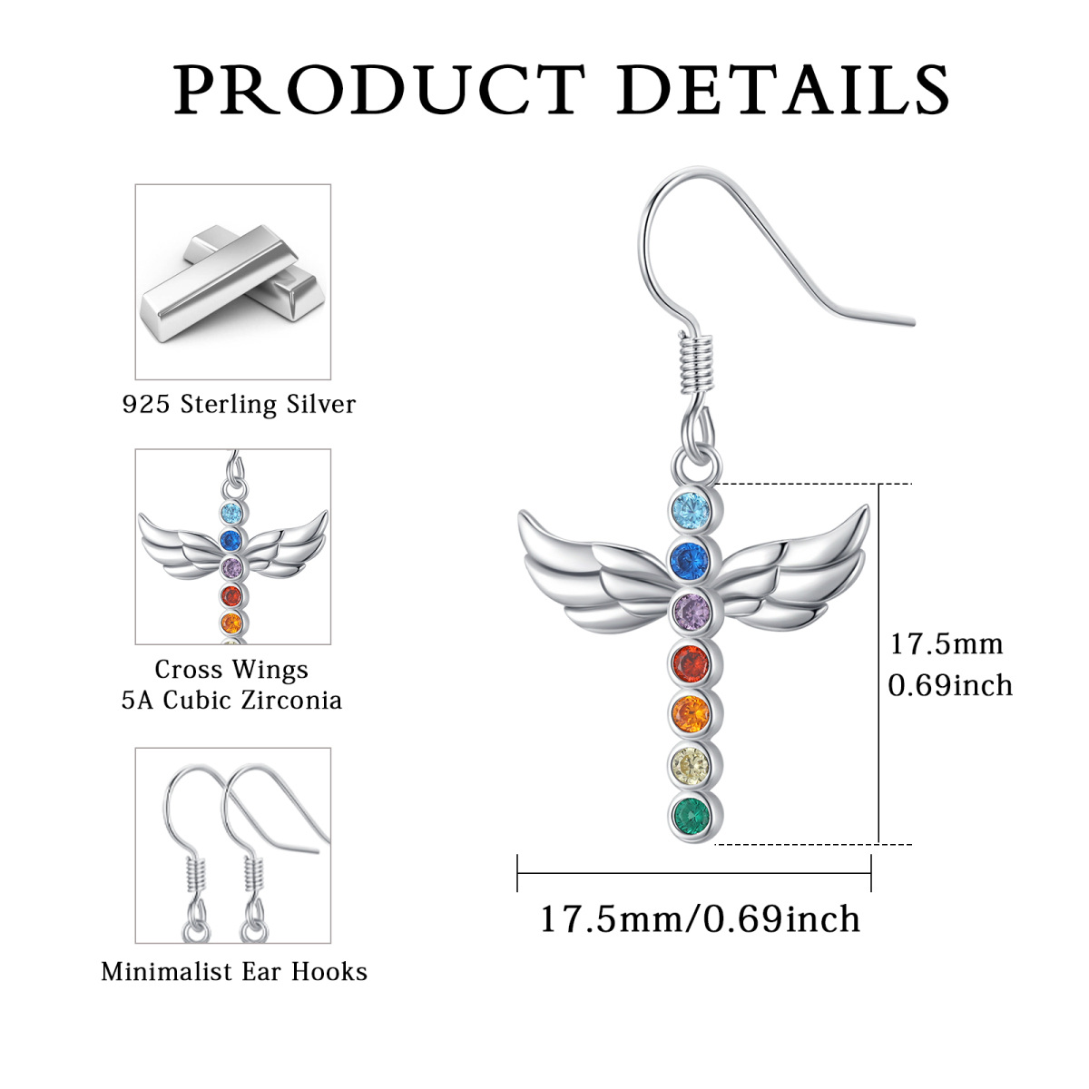 Brincos Chakra S925 Prata Esterlina Cruz Dangle Brincos Asas de Anjo Brincos para Mulheres-6