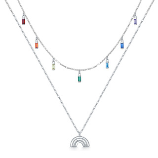 Sterling Silver Zircon Rainbow Layered Necklace-16