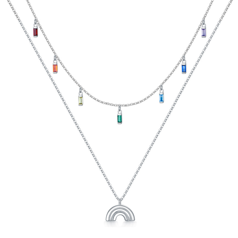 Sterling Silver Zircon Rainbow Layered Necklace-15
