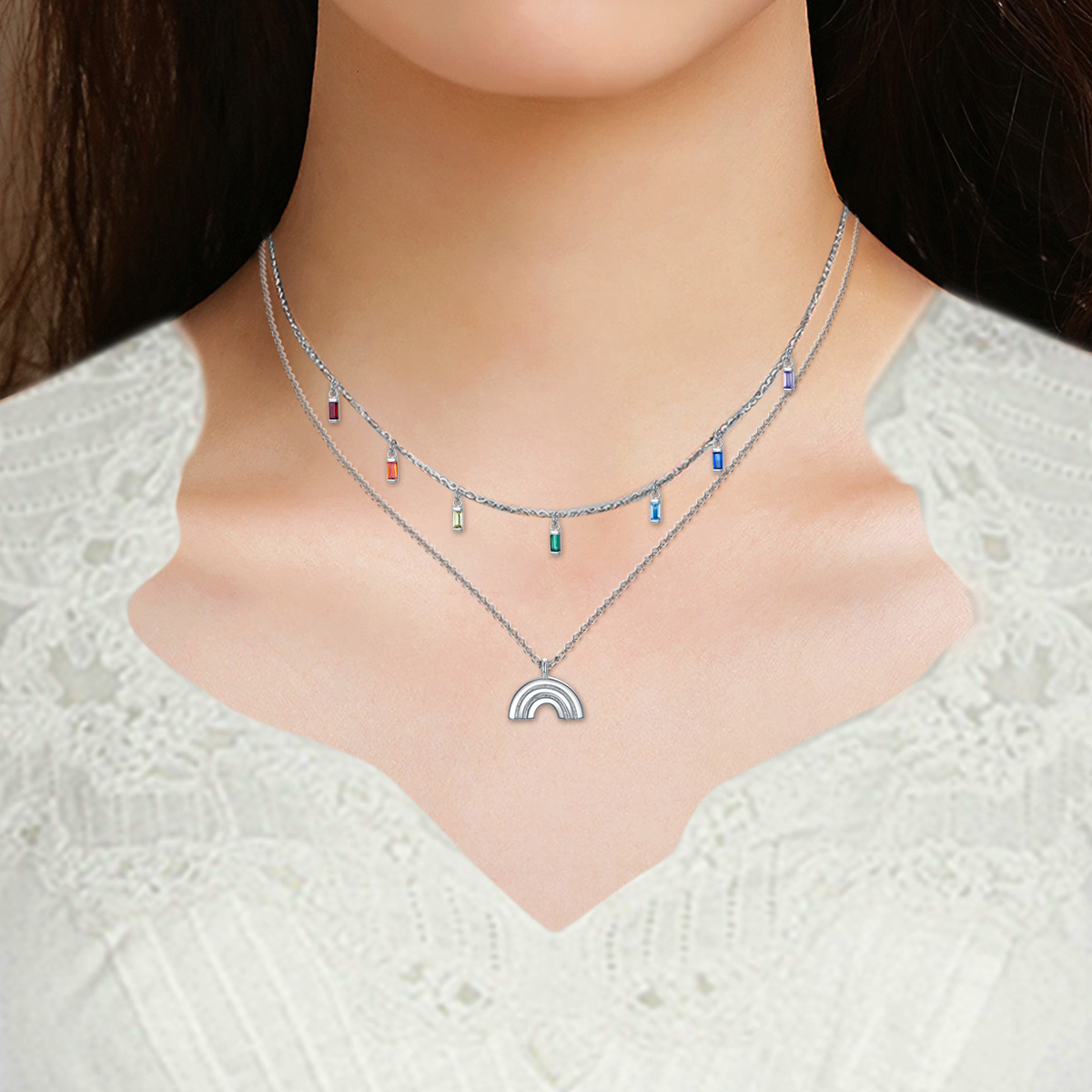 Collier superposé en argent Zircon arc-en-ciel-2