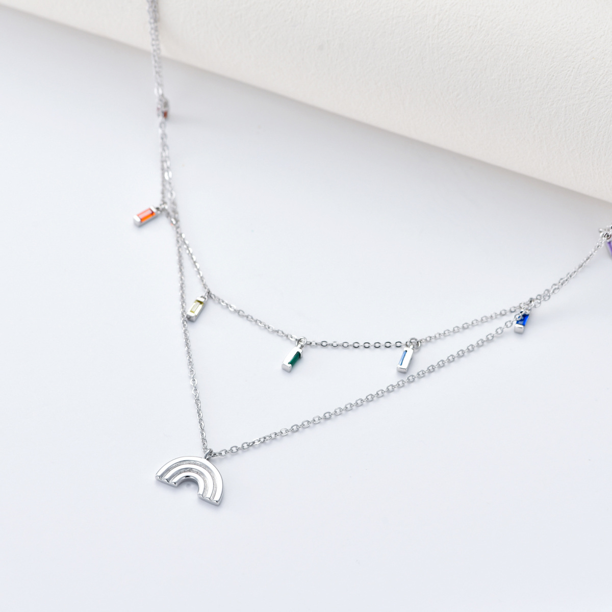 Sterling Silver Zircon Rainbow Layered Necklace-3