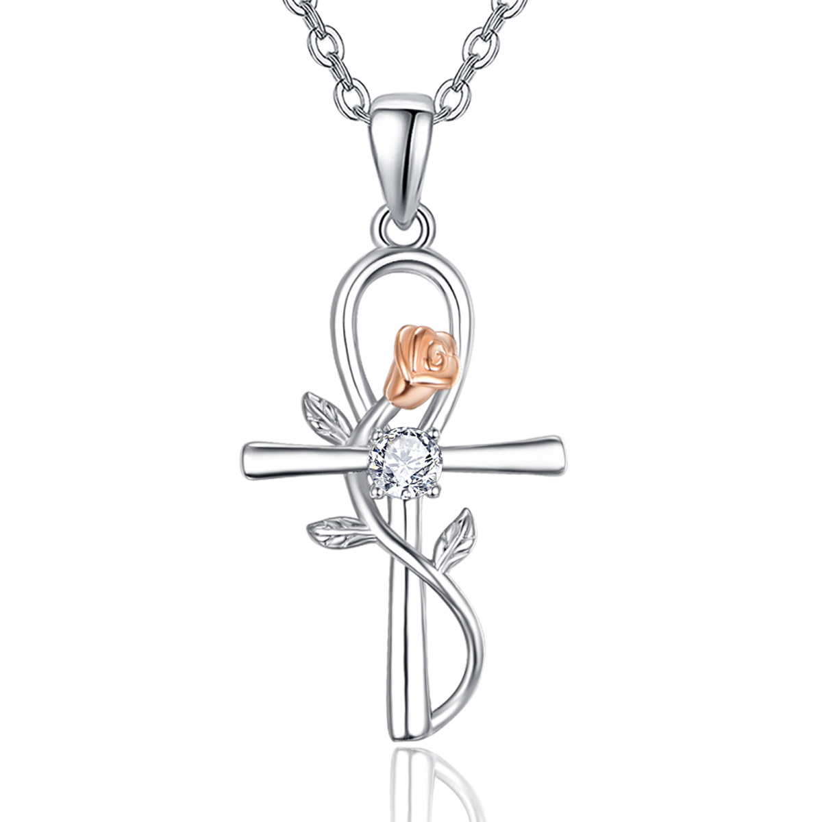 Sterling Silver Zircon Rose & Ankh Pendant Necklace-1