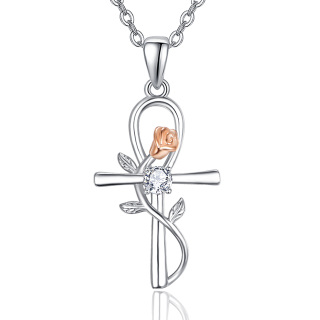 Sterling Silver Zircon Rose & Ankh Pendant Necklace-3