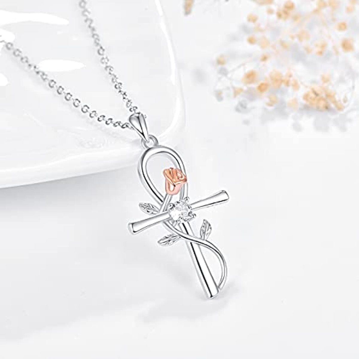 Sterling Silver Zircon Rose & Ankh Pendant Necklace-4