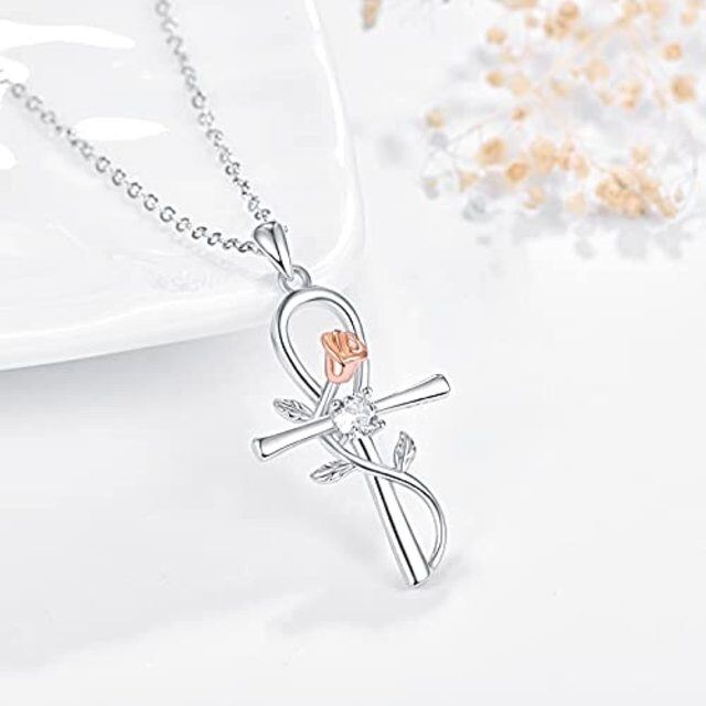 Sterling Silver Zircon Rose & Ankh Pendant Necklace-4