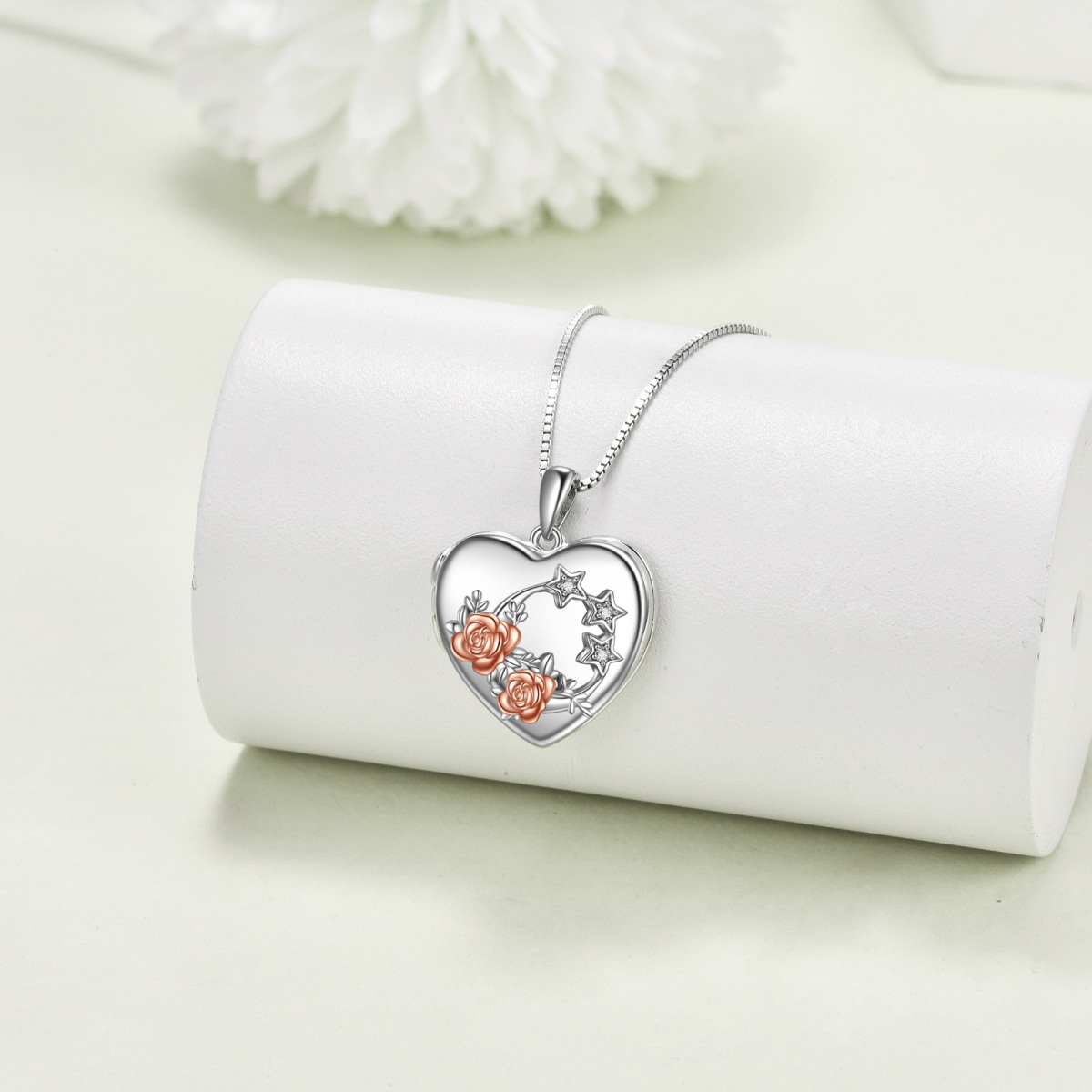 Collana con medaglione personalizzato con foto in argento sterling con stella in zirconi e rosa da donna-4