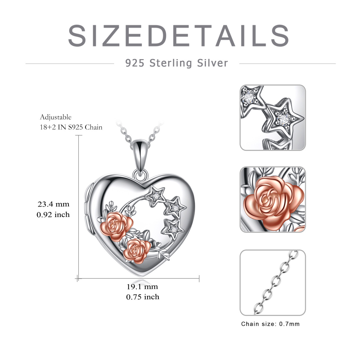 Sterling Silber Zirkon Stern mit Rose personalisierte Foto-Medaillon-Halskette für Frauen-5