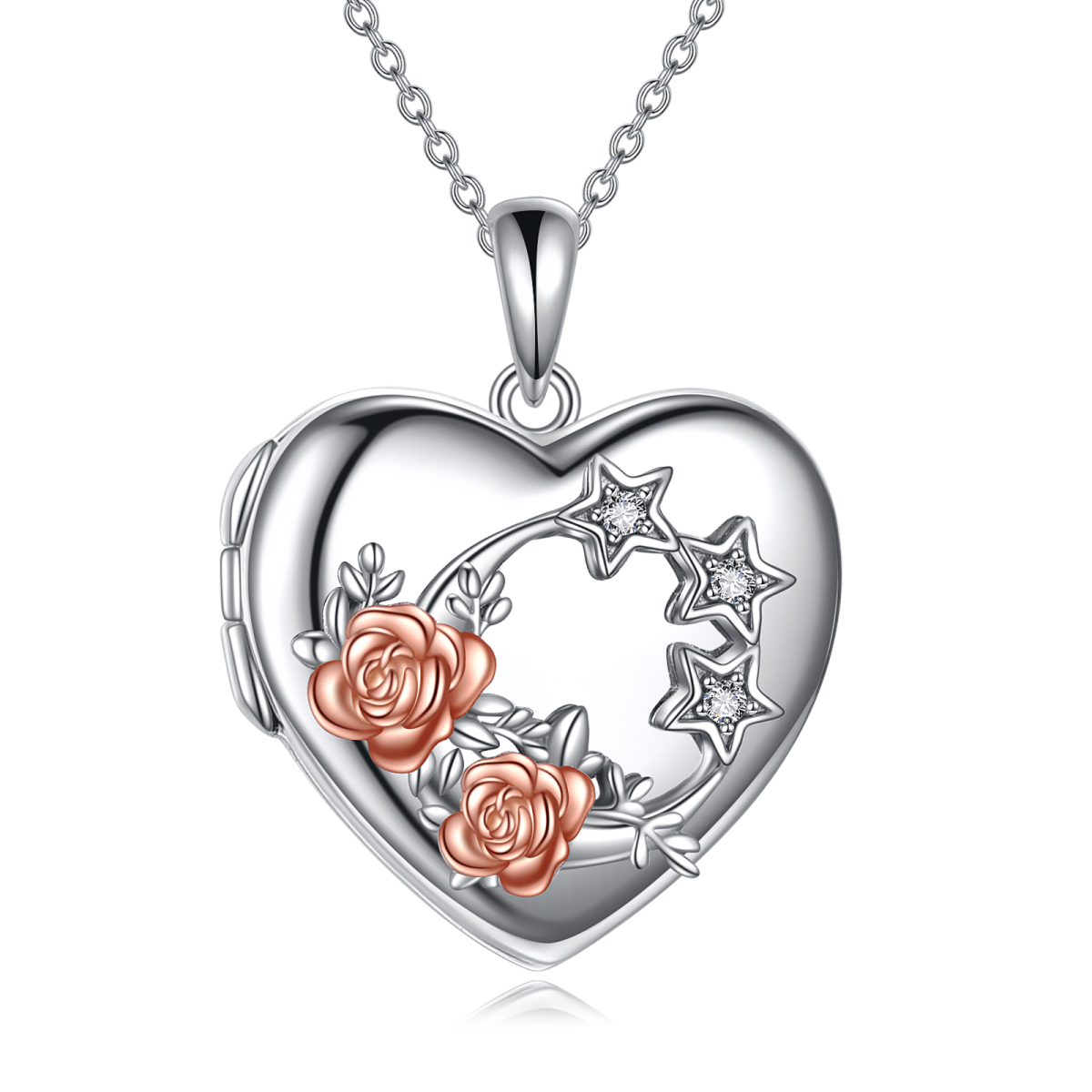 Collana con medaglione personalizzato con foto in argento sterling con stella in zirconi e rosa da donna-6