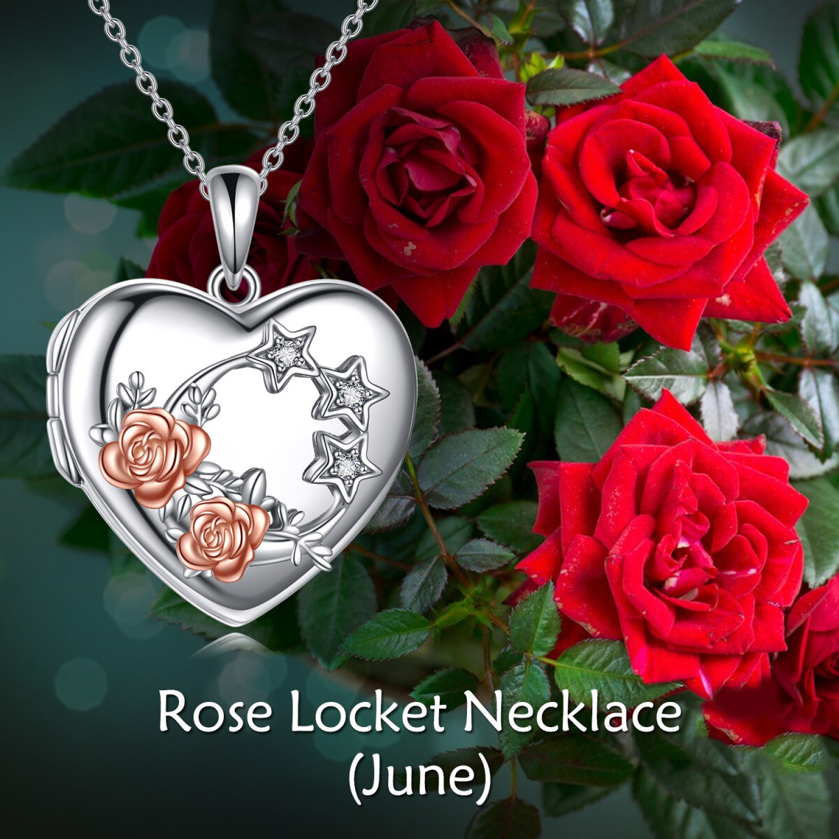 Collana con medaglione personalizzato con foto in argento sterling con stella in zirconi e rosa da donna-7