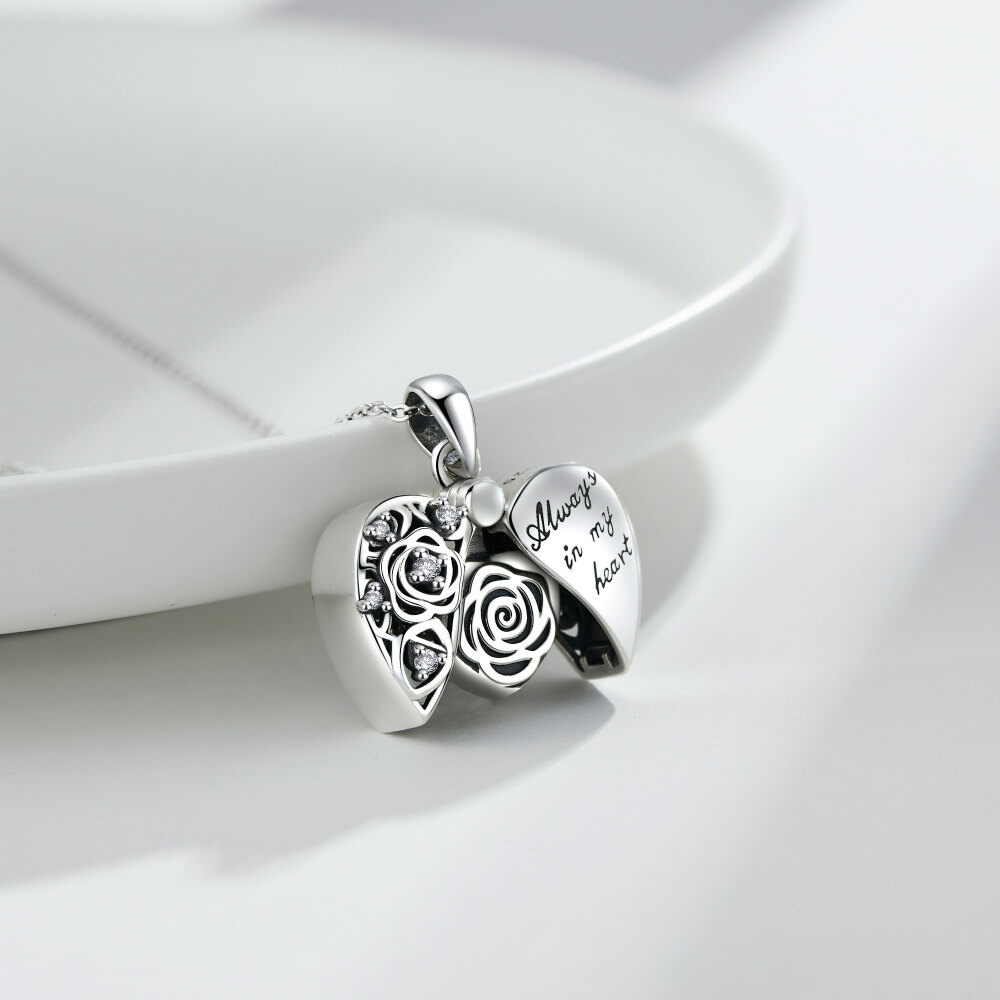 Colar de urna de prata de lei com zircónia e rosa para cinzas com palavra gravada-3
