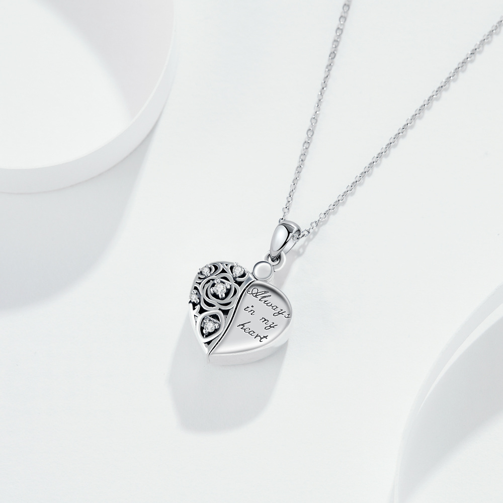 Colar de urna de prata de lei com zircónia e rosa para cinzas com palavra gravada-4