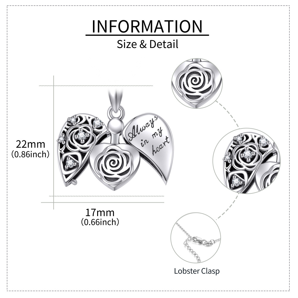 Colar de urna de prata de lei com zircónia e rosa para cinzas com palavra gravada-5