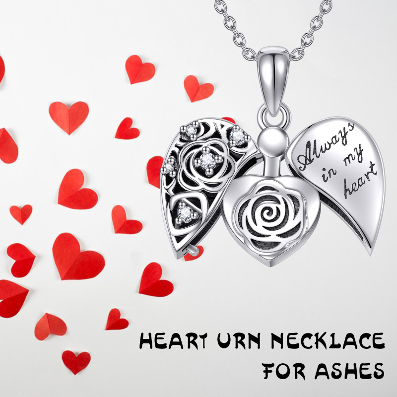 Urnenkette aus Sterlingsilber mit Zirkonia und Rose für Asche mit eingraviertem Wort-6