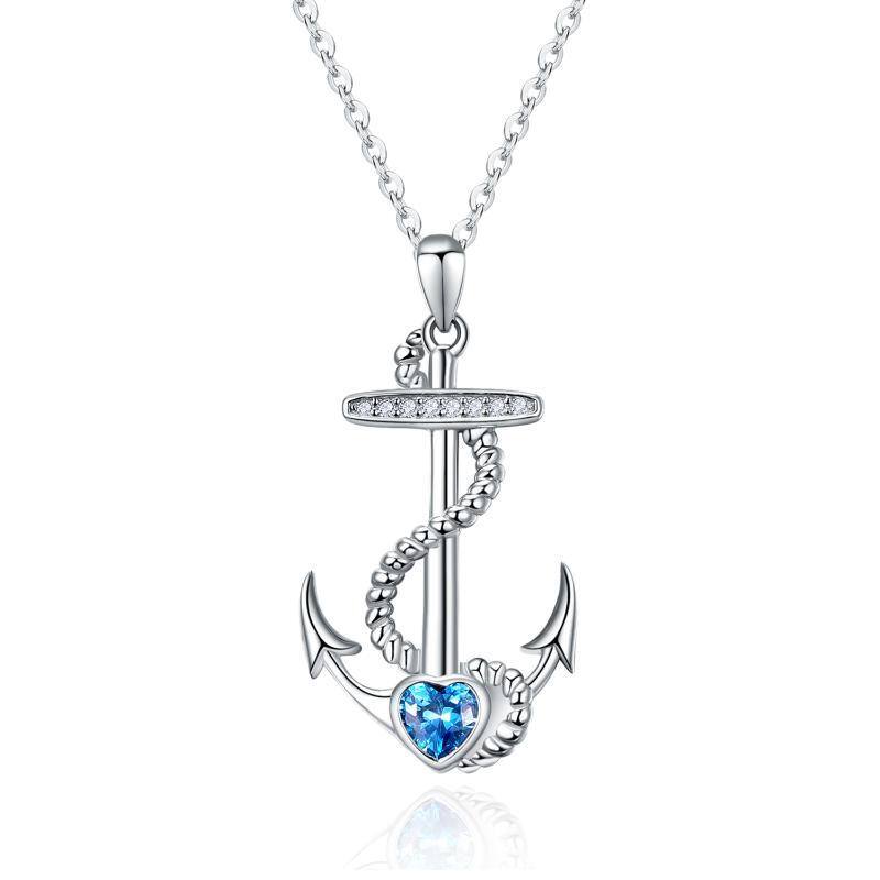 Sterling Silver Zircon Ship Anchor Pendant Necklace-1