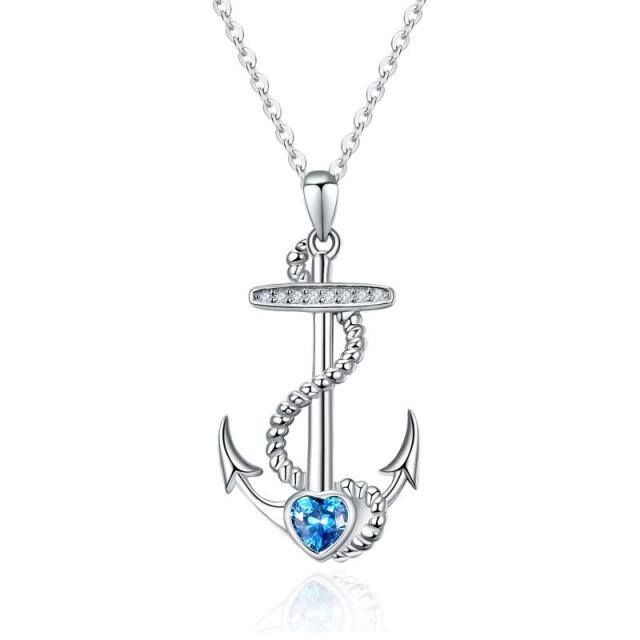 Sterling Silver Zircon Ship Anchor Pendant Necklace-3