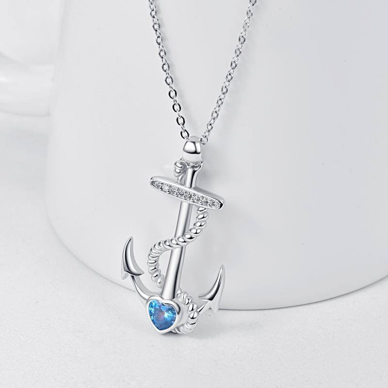 Sterling Silver Zircon Ship Anchor Pendant Necklace-3