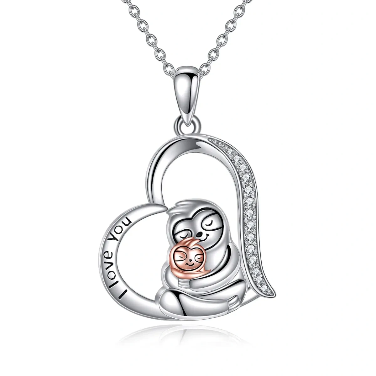 Collar con colgante de corazón de perezoso y circonitas de plata de ley con palabra grabada-1