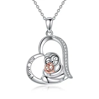 Sterling Silver Zircon Sloth & Heart Pendant Necklace with Engraved Word-3