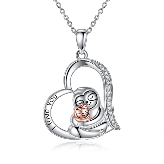 Sterling Silver Zircon Sloth & Heart Pendant Necklace with Engraved Word