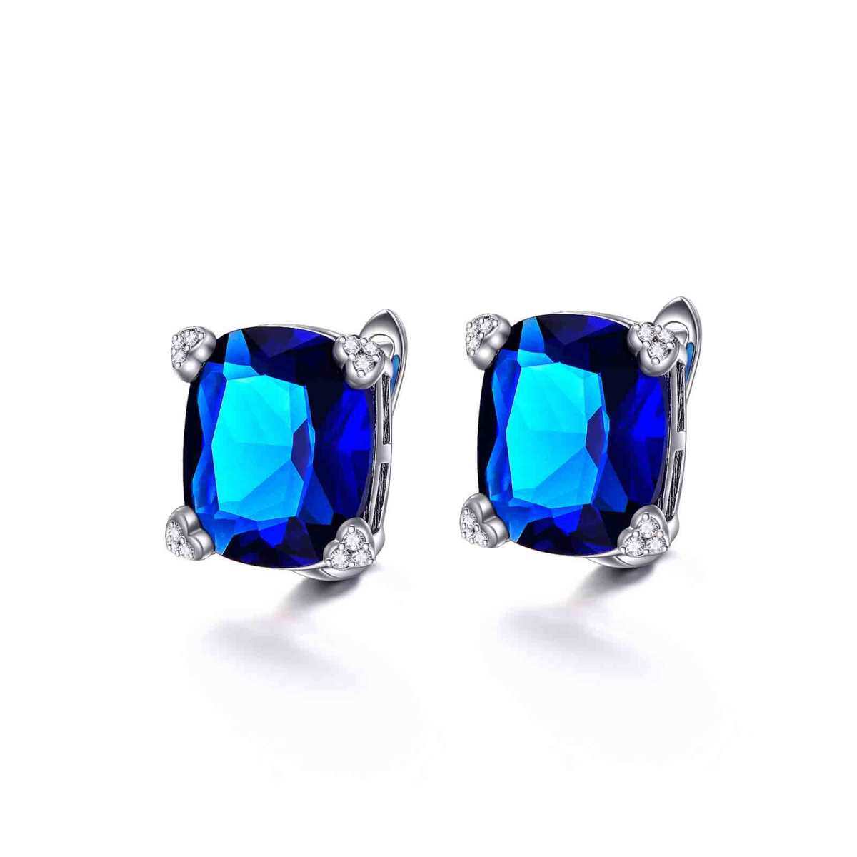 Brincos de argola de zircônia cúbica azul grande CZ em prata esterlina em forma de U-1