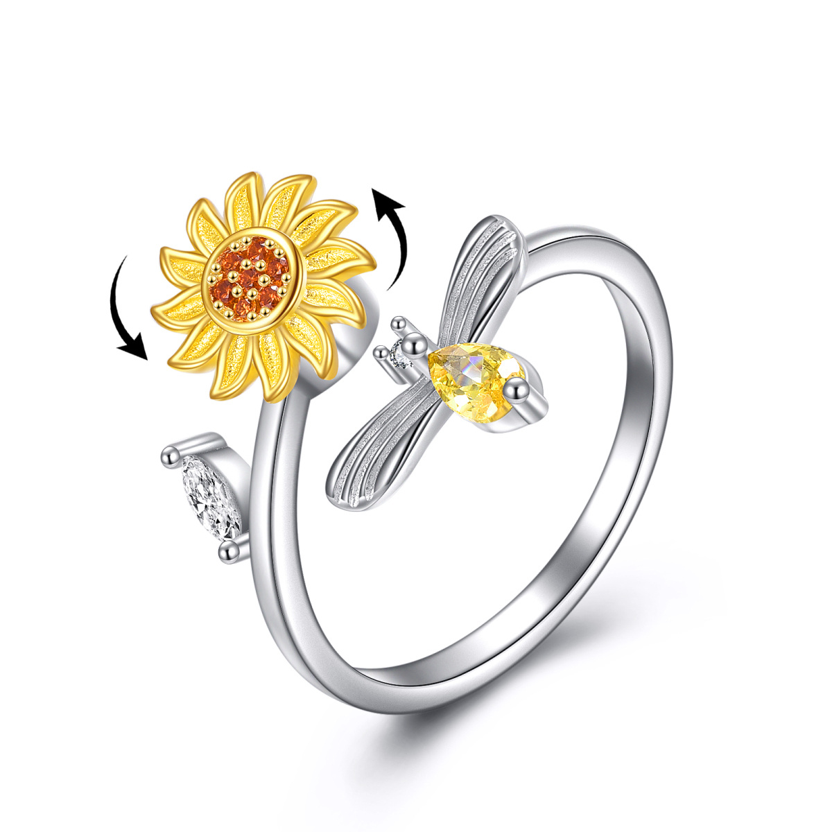 Sterling Silver Zircon Sunflower & Dragonfly Open Ring-1