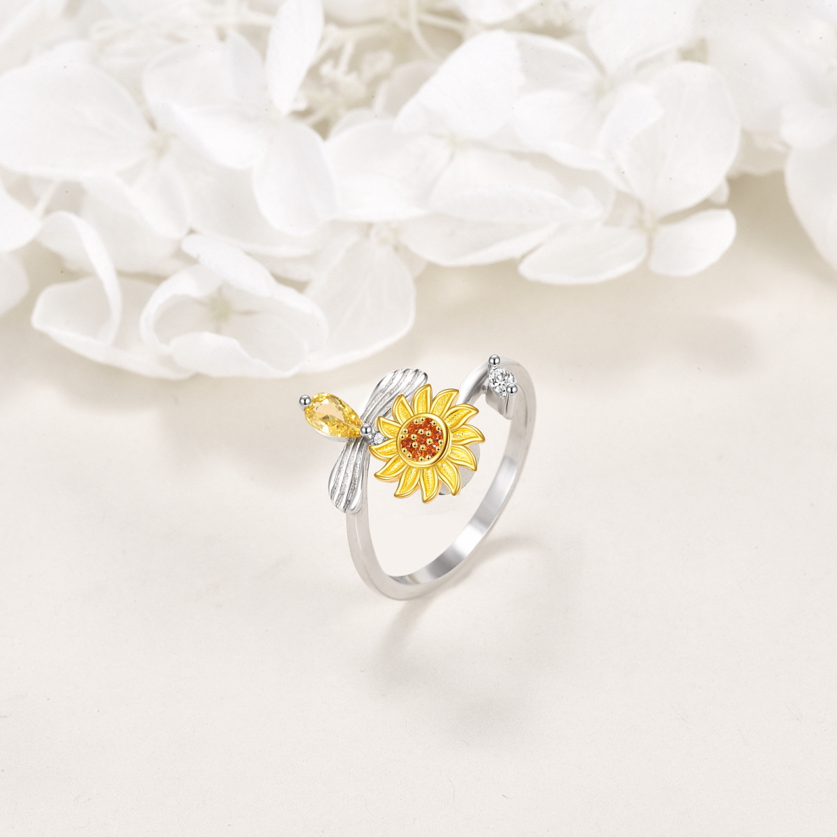 Sterling Silver Zircon Sunflower & Dragonfly Open Ring-4