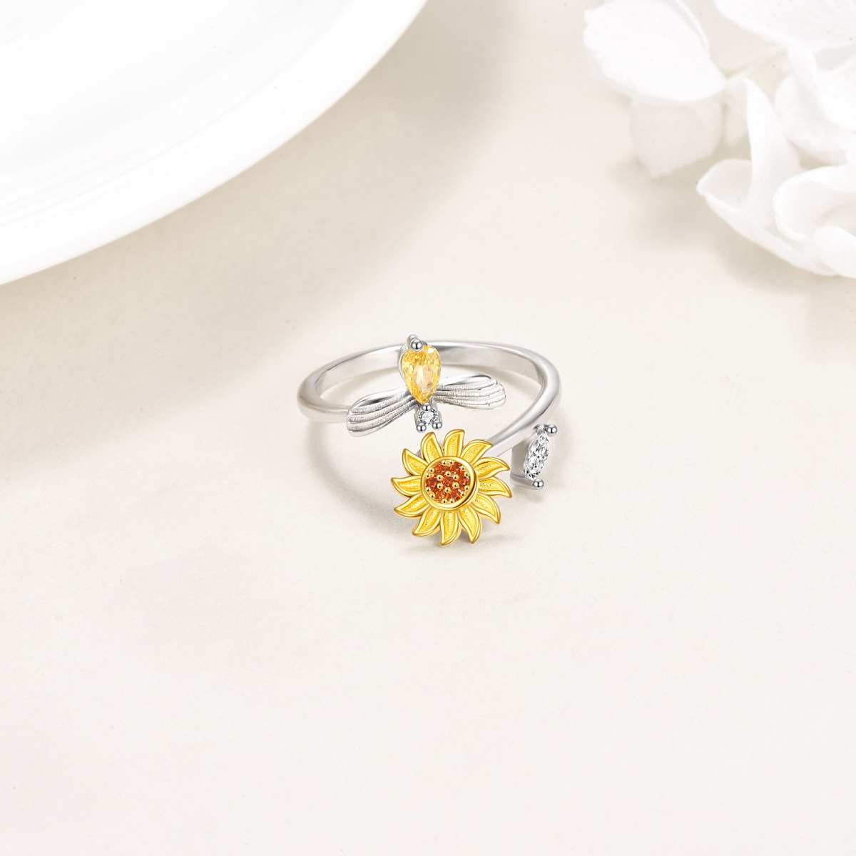 Sterling Silver Zircon Sunflower & Dragonfly Open Ring-5