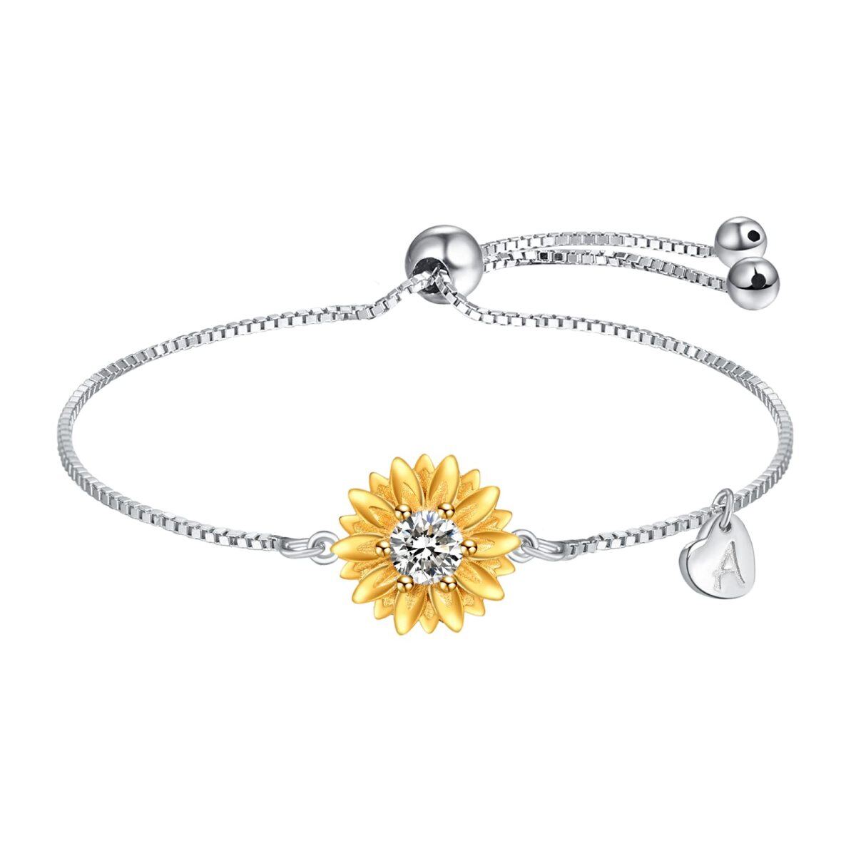 Pulsera de cadena de eslabones curvos con forma de corazón de girasol y circonitas en plata de ley-1