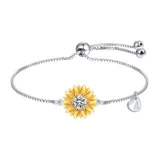 Sterling Silver Zircon Sunflower & Heart Curb Link Chain Bracelet-27