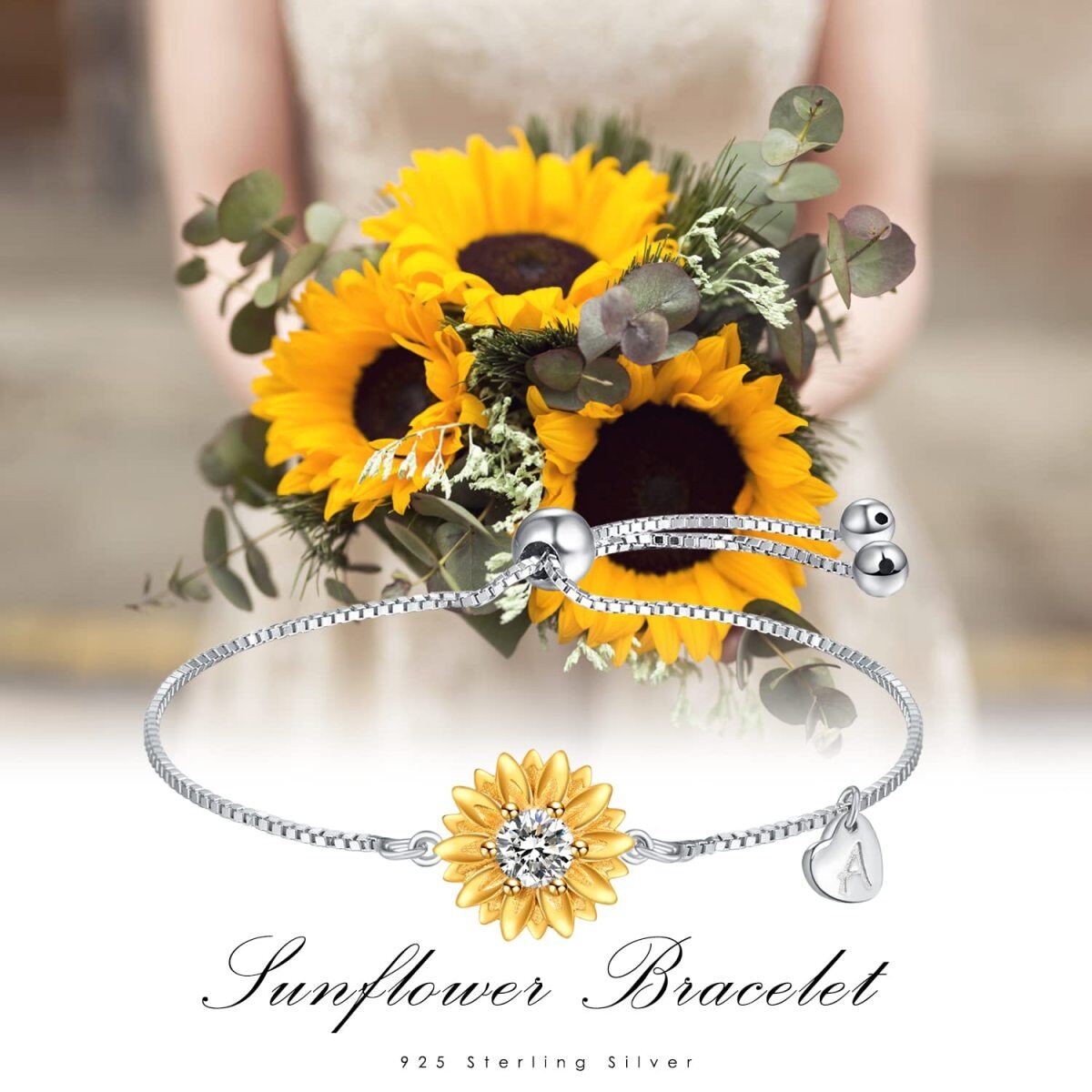 Pulsera de cadena de eslabones curvos con forma de corazón de girasol y circonitas en plata de ley-3