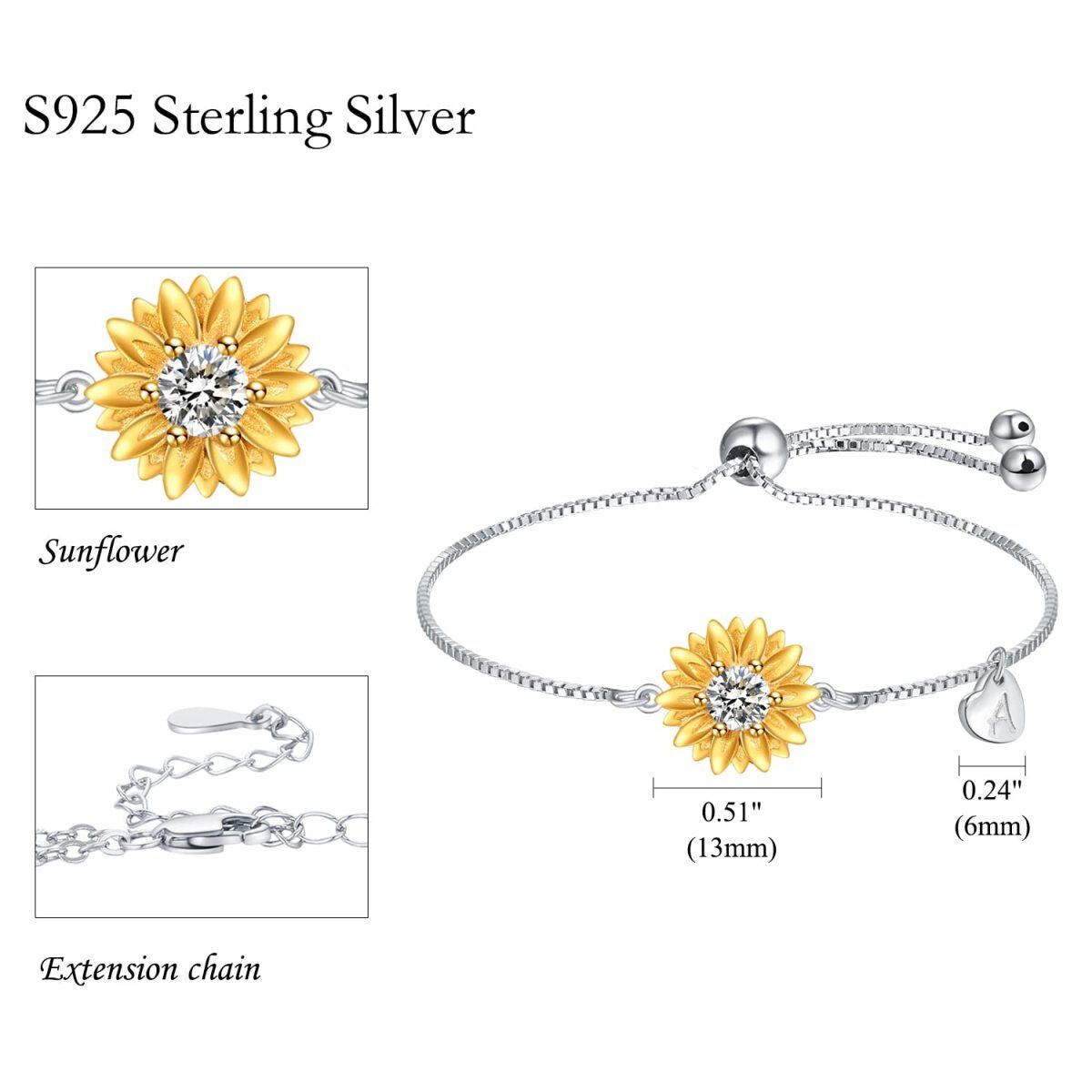 Sterling Silver Zircon Sunflower & Heart Curb Link Chain Bracelet-6