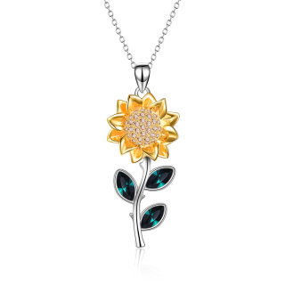 Sterling Silver Zircon Sunflower Pendant Necklace-17