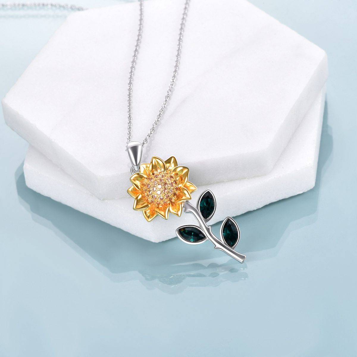 Sterling Silver Zircon Sunflower Pendant Necklace-4