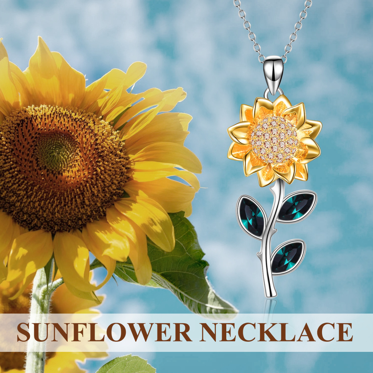 Sterling Silver Zircon Sunflower Pendant Necklace-6