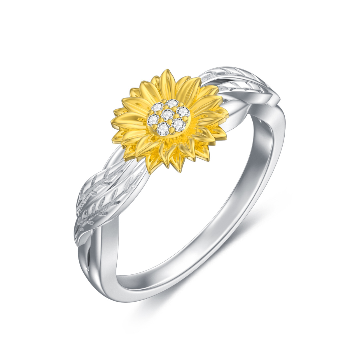 Anillo de girasol de plata de ley con circonitas-1