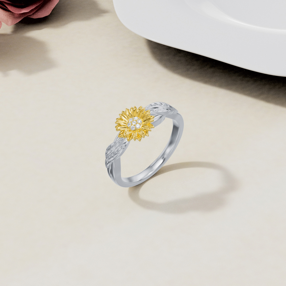 Sterling Silver Zircon Sunflower Ring-3