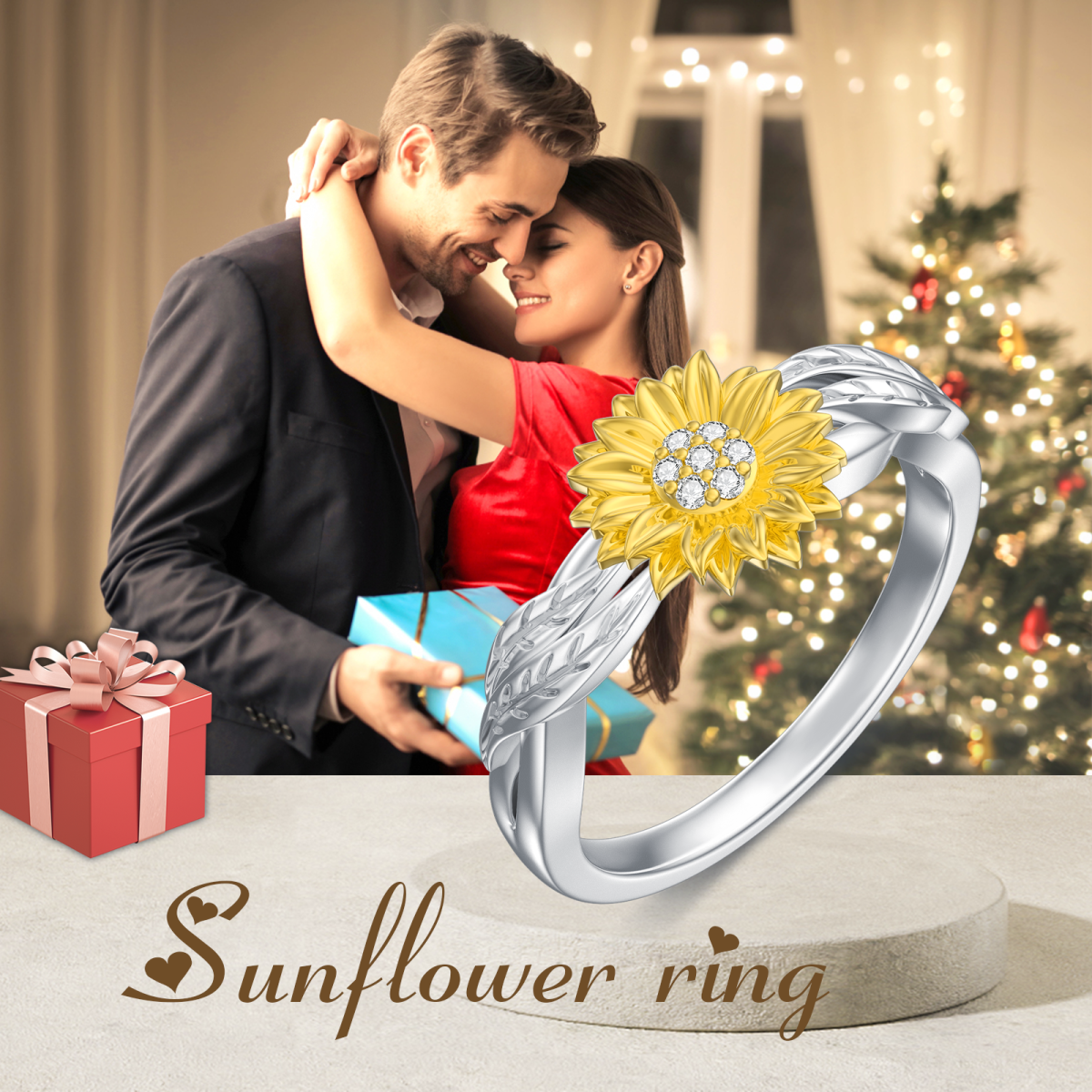 Sterling Silver Zircon Sunflower Ring-5