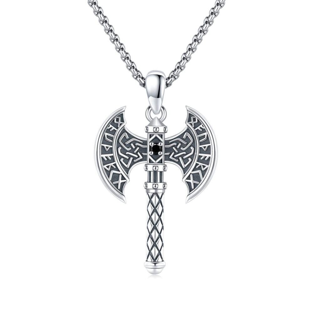 Sterling Silver Zircon Viking Rune Pendant Necklace for Men-1