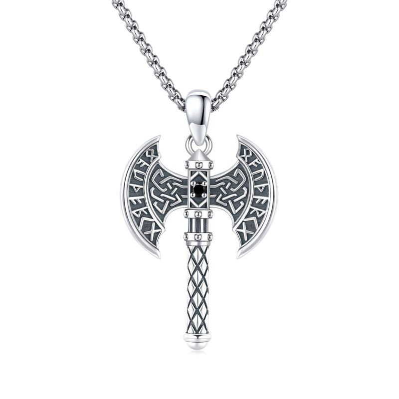Sterling Silver Zircon Viking Rune Pendant Necklace for Men-11