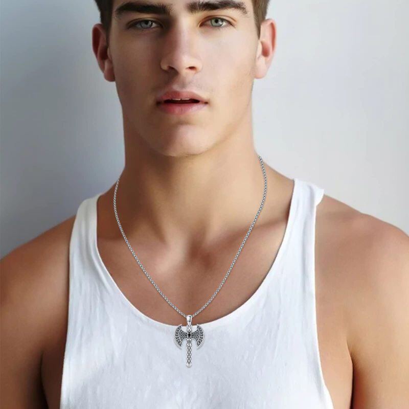 Sterling Silver Zircon Viking Rune Pendant Necklace for Men-2